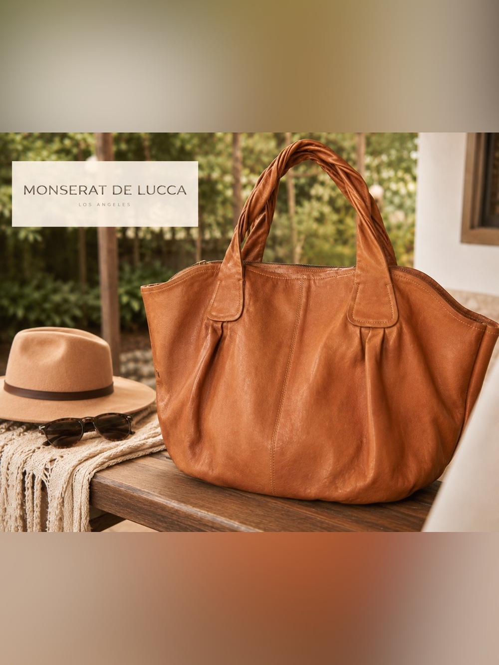 Monserat De Lucca Oversized Camel Leather Tote Shopper Bag Large